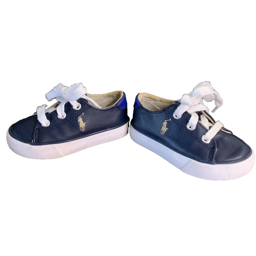 Polo Ralph Lauren Toddler Shoes US sz 5 Blue & White Pony Faux Leather Lace Up